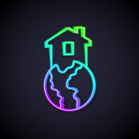 Glowing neon line Shelter for homeless icon isolated on black background. Emergency housing, temporary residence for people, bums and beggars without home. Vectorのイラスト素材