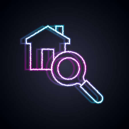 Glowing neon line Search house icon isolated on black background. Real estate symbol of a house under magnifying glass. Vectorのイラスト素材