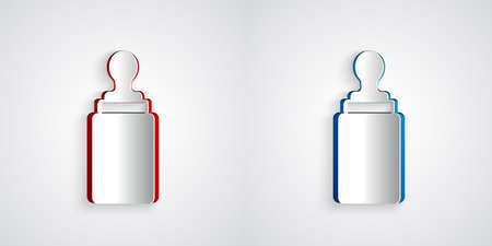 Paper cut Baby bottle icon isolated on grey background. Feeding bottle icon. Milk bottle sign. Paper art style. Vectorのイラスト素材