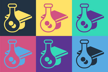 Pop art Graduation cap icon isolated on color background. Graduation hat with tassel icon. Vectorのイラスト素材