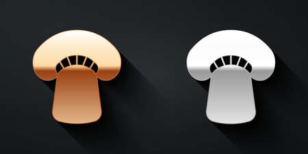 Gold and silver Mushroom icon isolated on black background. Long shadow style. Vectorのイラスト素材