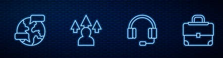 Set line Headphones, Worldwide, Front end development and Briefcase. Glowing neon icon on brick wall. Vectorのイラスト素材