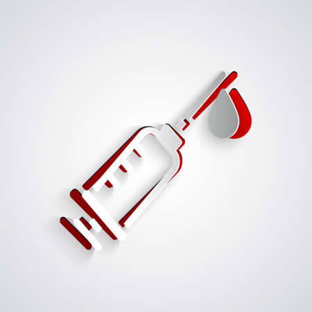 Paper cut Syringe icon isolated on grey background. Syringe for vaccine, vaccination, injection, flu shot. Medical equipment. Paper art style. Vectorのイラスト素材