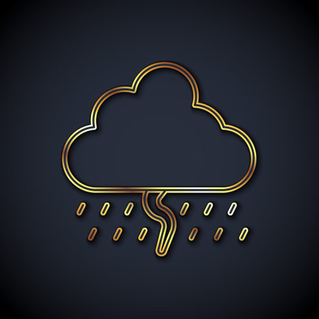 Gold line Cloud with rain and lightning icon isolated on black background. Rain cloud precipitation with rain drops.Weather icon of storm. Vectorのイラスト素材