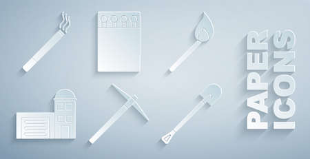 Set Pickaxe, Burning match with fire, Building of station, Fire shovel, Open matchbox and matches and Cigarette icon. Vectorのイラスト素材