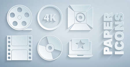 Set CD or DVD disk, Movie spotlight, Play Video, Laptop with star, 4k Ultra HD and Film reel icon. Vectorのイラスト素材