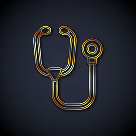 Gold line Stethoscope medical instrument icon isolated on black background. Vectorのイラスト素材