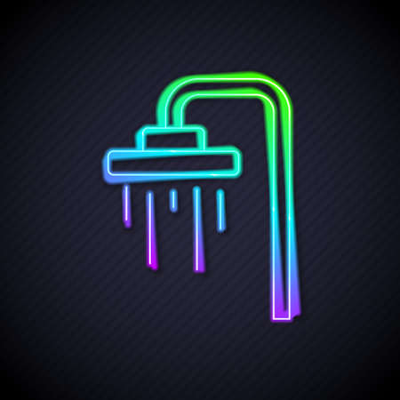 Glowing neon line Shower head with water drops flowing icon isolated on black background. Vectorのイラスト素材