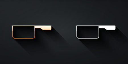 Gold and silver Saucepan icon isolated on black background. Cooking pot. Boil or stew food symbol. Long shadow style. Vectorのイラスト素材