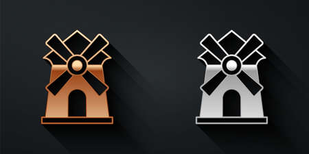Gold and silver Windmill icon isolated on black background. Long shadow style. Vectorのイラスト素材