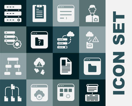 Set Server, Data, Web Hosting, Browser files, Cloud technology data transfer, window, File missing, and gear, and Network cloud connection icon. Vectorのイラスト素材