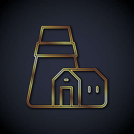 Gold line Power station plant and factory icon isolated on black background. Energy industrial concept. Vectorのイラスト素材