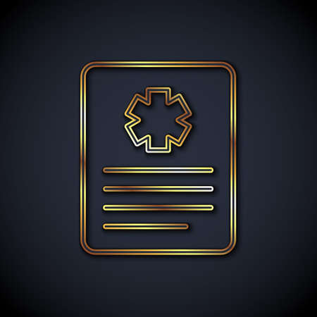 Gold line Medical clipboard with clinical record icon isolated on black background. Prescription, medical check marks report. Vectorのイラスト素材