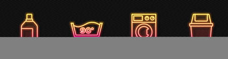 Set line Washer, Bottle for cleaning agent, Temperature wash and Trash can. Glowing neon icon. Vectorのイラスト素材