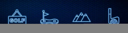 Set line Mountains, Golf label, hole with flag and club ball. Glowing neon icon on brick wall. Vectorのイラスト素材
