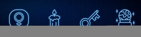 Set line Old key, Venus, Burning candle and Magic ball. Glowing neon icon on brick wall. Vectorのイラスト素材