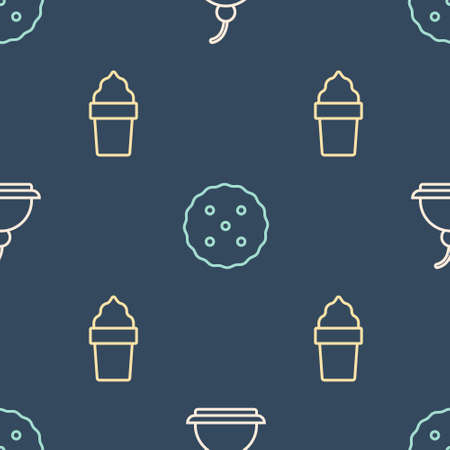 Set line Cherry cheesecake, Ice cream in waffle cone and Cookie or biscuit on seamless pattern. Vectorのイラスト素材