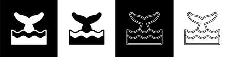 Set Whale tail in ocean wave icon isolated on black and white background. Vectorのイラスト素材