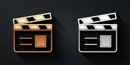 Gold and silver Movie clapper icon isolated on black background. Film clapper board. Clapperboard sign. Cinema production or media industry. Long shadow style. Vectorのイラスト素材