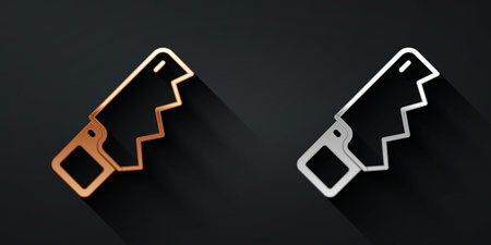 Gold and silver Hand saw icon isolated on black background. Long shadow style. Vectorのイラスト素材