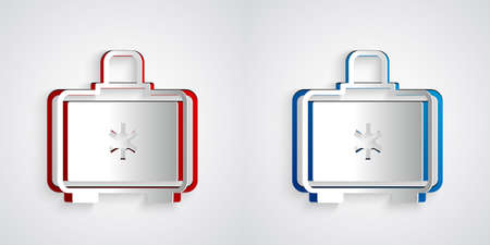 Paper cut First aid kit icon isolated on grey background. Medical box with cross. Medical equipment for emergency. Healthcare concept. Paper art style. Vectorのイラスト素材