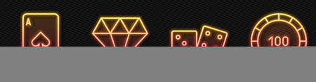 Set line Game dice, Playing card with spades, Diamond and Casino chips. Glowing neon icon. Vectorのイラスト素材