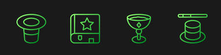 Set line Medieval goblet, Magic hat, Ancient magic book and and wand. Gradient color icons. Vectorのイラスト素材