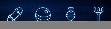 Set line Whirligig toy, Skateboard, Beach ball and Rake. Glowing neon icon on brick wall. Vectorのイラスト素材