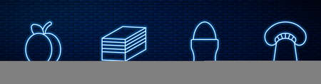 Set line Chicken egg on stand, Plum fruit, Piece of cake and Mushroom. Glowing neon icon on brick wall. Vectorのイラスト素材