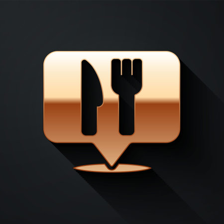 Gold Cafe and restaurant location icon isolated on black background. Fork and spoon eatery sign inside pinpoint. Long shadow style. Vector.のイラスト素材