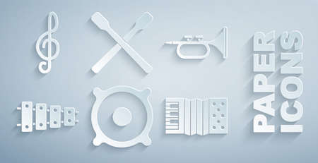 Set Stereo speaker, Trumpet, Xylophone, Accordion, Drum sticks and Treble clef icon. Vectorのイラスト素材