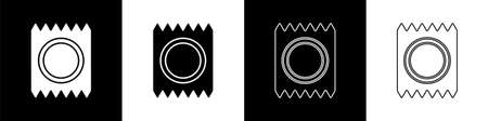 Set Condom in package safe sex icon isolated on black and white background. Safe love symbol. Contraceptive method for male. Vectorのイラスト素材