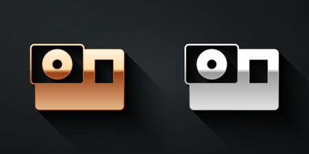 Gold and silver Action extreme camera icon isolated on black background. Video camera equipment for filming extreme sports. Long shadow style. Vectorのイラスト素材