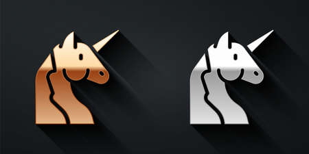 Gold and silver Unicorn icon isolated on black background. Long shadow style. Vectorのイラスト素材