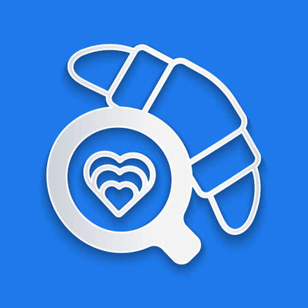 Paper cut Coffee cup with croissant icon isolated on blue background. Tea cup. Hot drink coffee. Paper art style. Vectorのイラスト素材