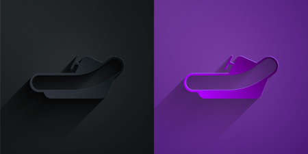 Paper cut Rafting boat icon isolated on black on purple background. Inflatable boat with paddles. Water sports, extreme sports, holiday, vacation. Paper art style. Vectorのイラスト素材