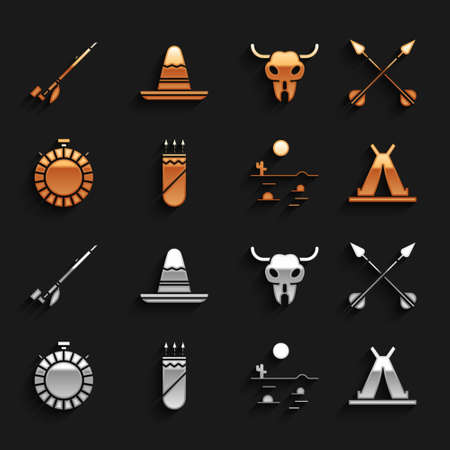 Set Quiver with arrows, Crossed, Indian teepee or wigwam, Desert landscape cactus, Canteen water bottle, Buffalo skull, Native American indian smoking pipe and Mexican sombrero hat icon. Vectorのイラスト素材