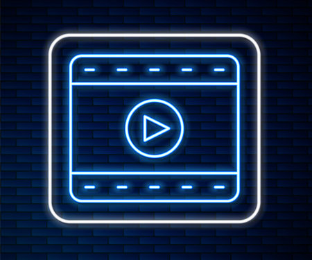 Glowing neon line Play Video icon isolated on brick wall background. Film strip sign. Vectorのイラスト素材