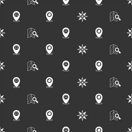 Set Wind rose, Search location, Location with person and house on seamless pattern. Vectorのイラスト素材