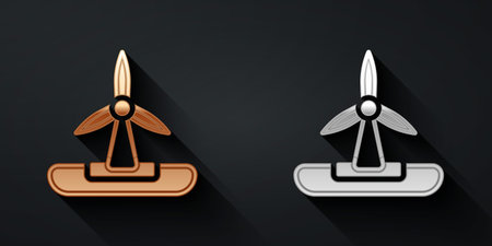Gold and silver Wind turbine icon isolated on black background. Wind generator sign. Windmill for electric power production. Long shadow style. Vectorのイラスト素材