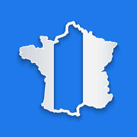 Paper cut Map of France icon isolated on blue background. Paper art style. Vectorのイラスト素材