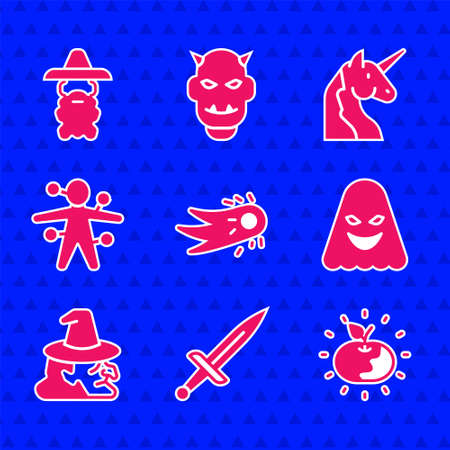 Set Fireball, Dagger, Poison apple, Ghost, Witch, Voodoo doll, Unicorn and Wizard warlock icon. Vectorのイラスト素材