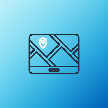 Line Infographic of city map navigation icon isolated on blue background. Mobile App Interface...