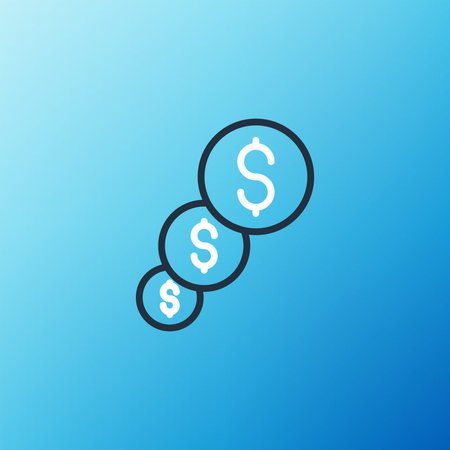 Line Financial growth and dollar coin icon isolated on blue background. Increasing revenue. Colorful...
