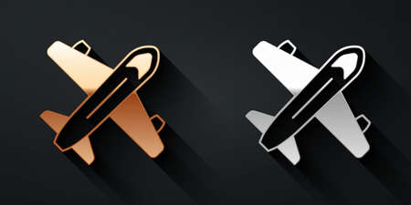 Gold and silver Plane icon isolated on black background. Flying airplane icon. Airliner sign. Long shadow style. Vectorのイラスト素材