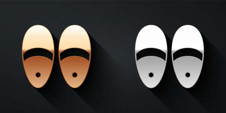 Gold and silver Slippers icon isolated on black background. Flip flops sign. Long shadow style. Vectorのイラスト素材
