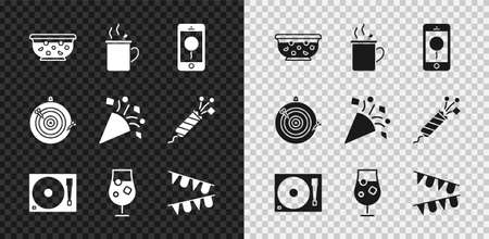 Set Mixed punch in bowl, Mobile with birthday message, Vinyl player vinyl disk, Cocktail and alcohol drink, Carnival garland flags, Classic dart board arrow and Festive confetti icon. Vectorのイラスト素材