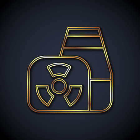 Gold line Nuclear power plant icon isolated on black background. Energy industrial concept. Vectorのイラスト素材