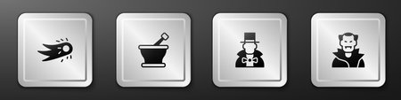 Set Fireball, Mortar and pestle, Magician and Vampire icon. Silver square button. Vectorのイラスト素材