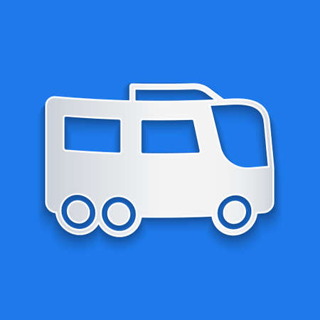 Paper cut Bus icon isolated on blue background. Transportation concept. Bus tour transport. Tourism or public vehicle symbol. Paper art style. Vectorのイラスト素材